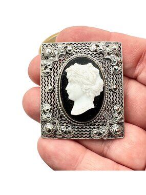 Vintage CZECH Womens Pin Sterling Silver Shell Cameo Brooch